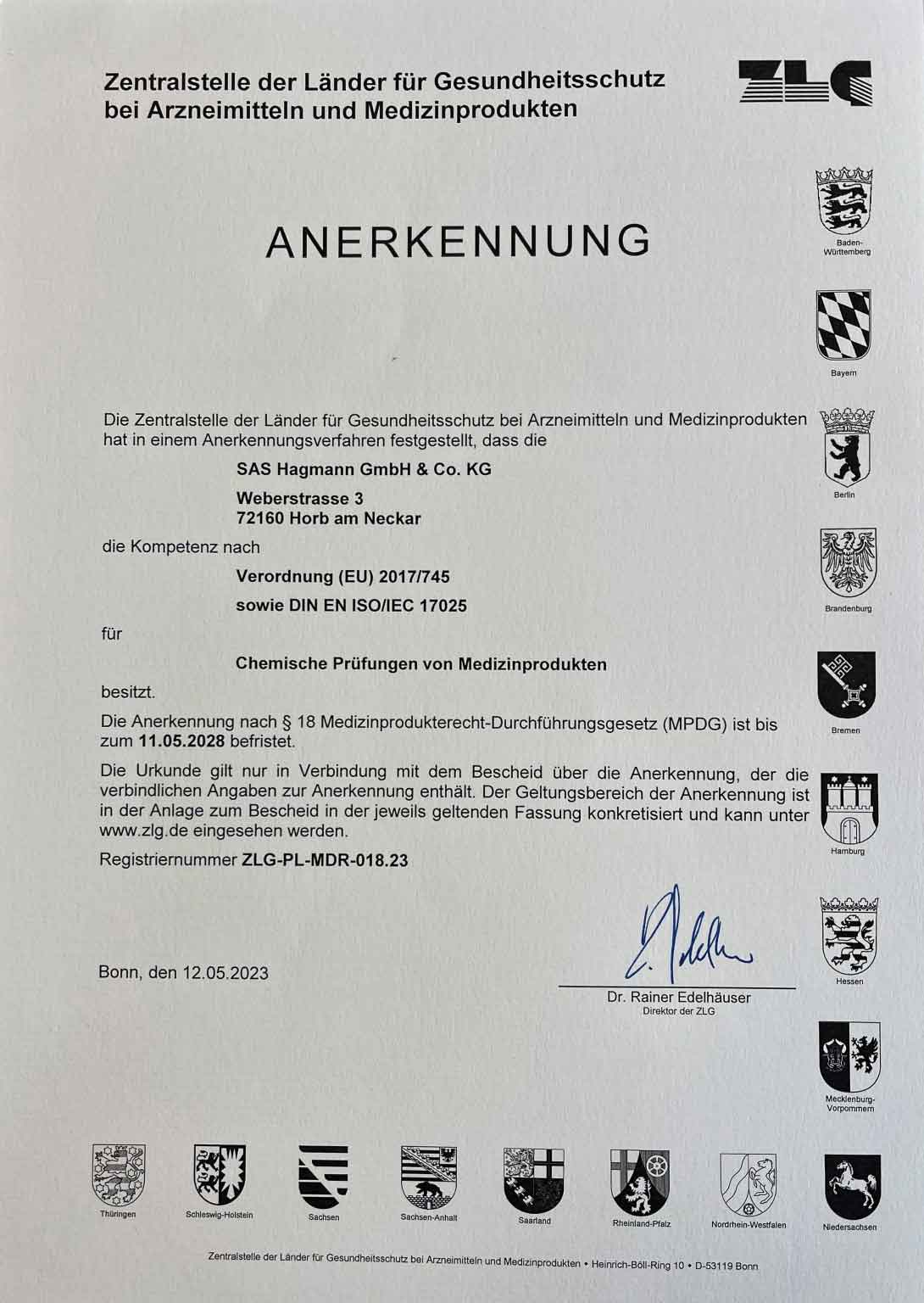 ZLG Urkunde Anerkennung
