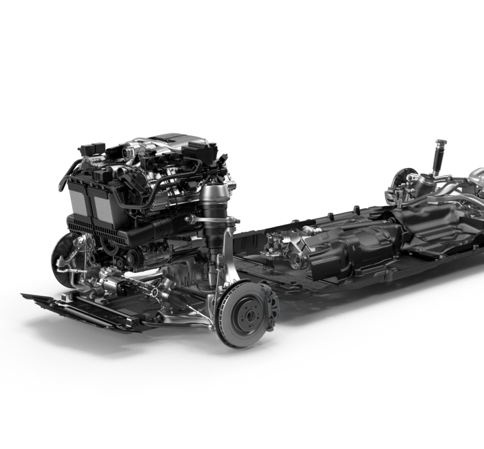 Ein Automobil-Fahrwerk mit Motor und Getriebe ist freigestellt auf schwarzem Hintergrund sichtbar, detaillierte Ansicht der mechanischen Komponenten.