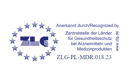 Logo der ZLG mit Sternenkreis, zeigt Anerkennung von der Zentralstelle der Länder für Gesundheitsschutz bei Arzneimitteln und Medizinprodukten. Text: "ZLG-PL-MDR.018.23".