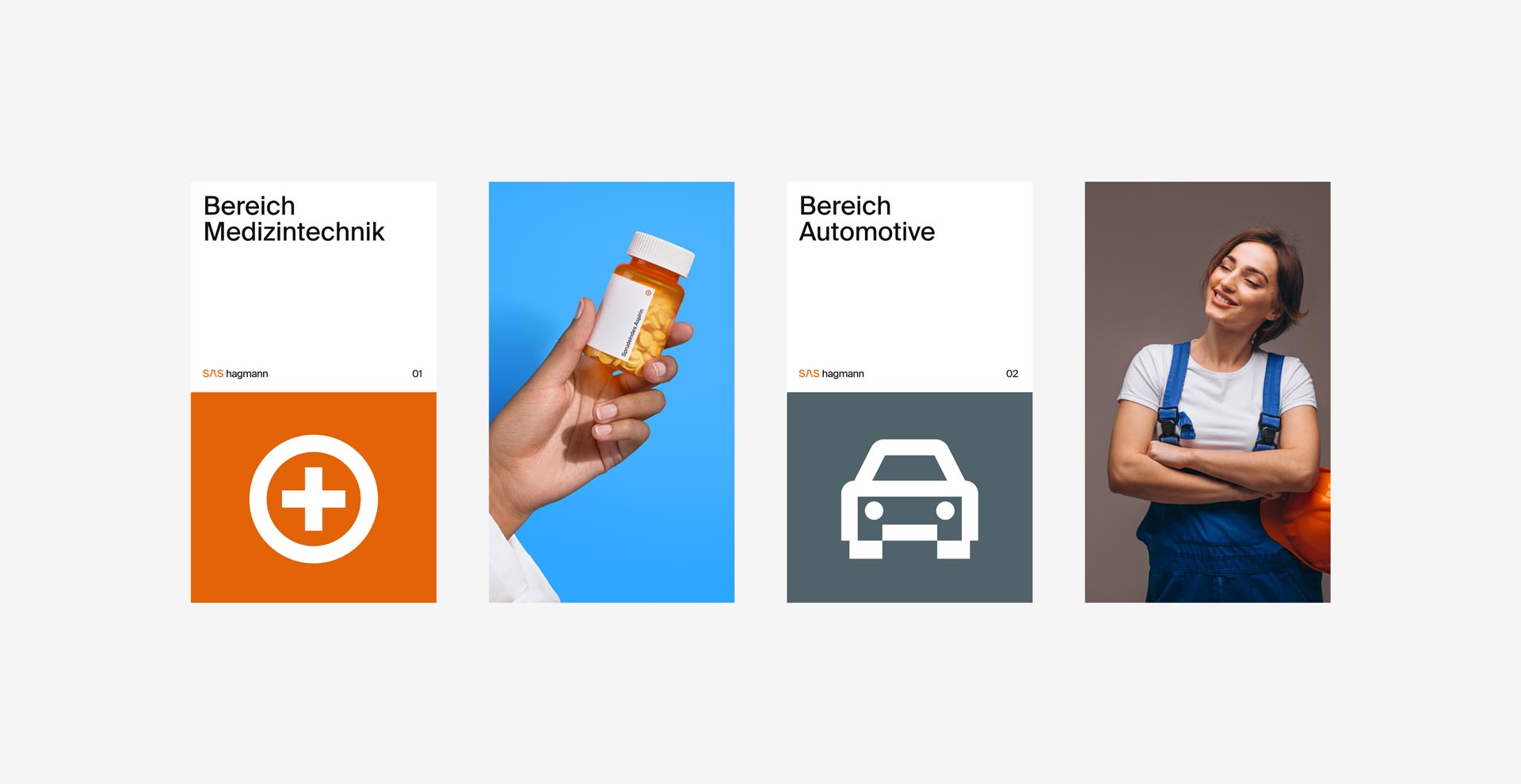 Medizintechnik: orange Kreuzsymbol, Text "Bereich Medizintechnik", S/AS hagmann, 01. Automotive: Hand hält Pillendose, Text "Bereich Automotive", S/AS hagmann, 02. Frau in blauer Uniform lächelt.