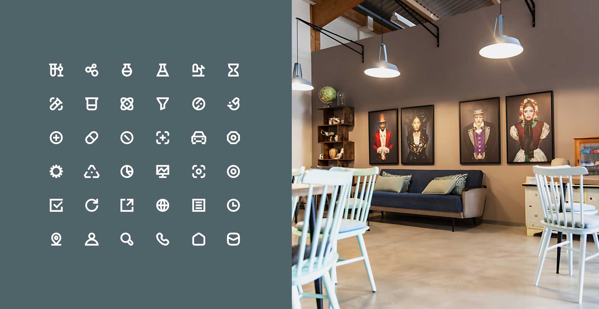 Symbole auf blauem Hintergrund, dekorieren links. Rechts stilvolles Café-Interieur mit Tisch, Stühlen und Sofas vor einer Wand mit stilisierten Porträts; warme Beleuchtung.