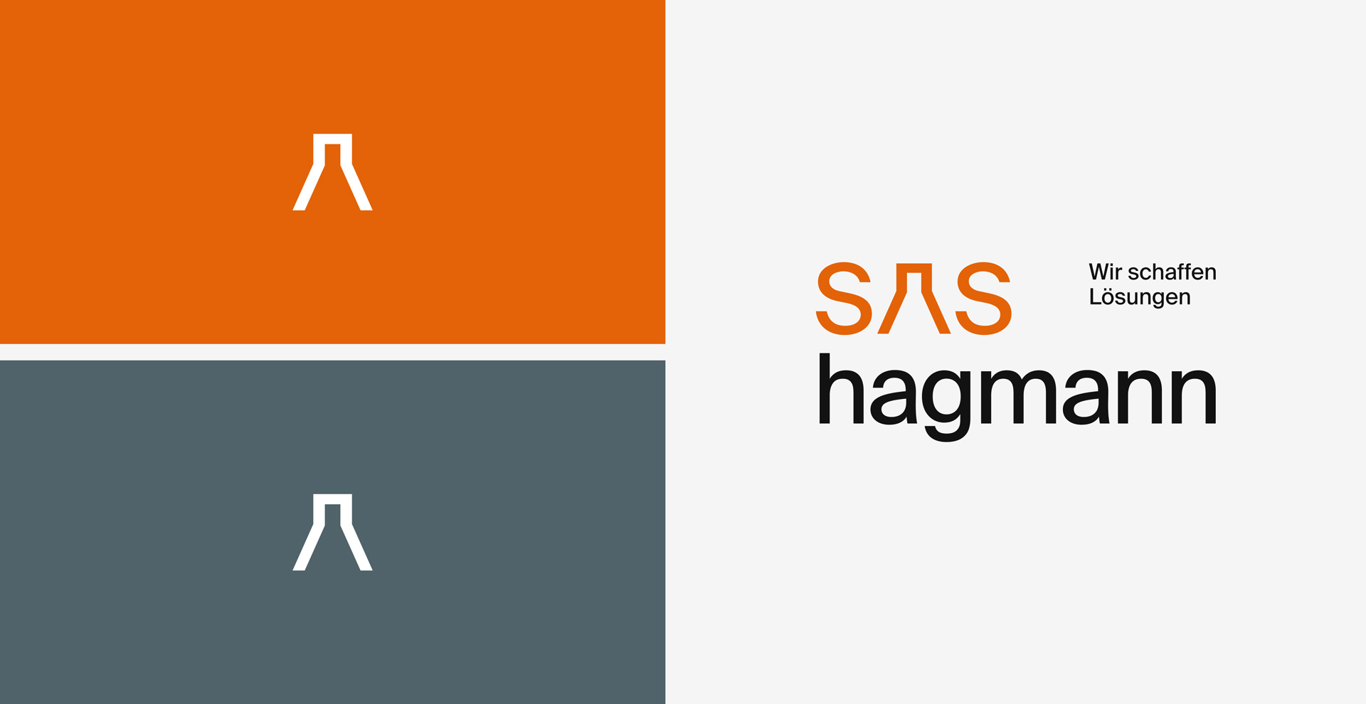 Zwei farbige Felder mit stilisiertem A-Symbol. Rechts Text: „SAS hagmann“. Slogan: „Wir schaffen Lösungen“. Farben: Orange, Grau, Weiß. Minimalistisches Design.