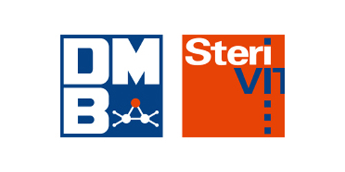 Zwei Logos nebeneinander, links "DMB" mit chemischer Formel, rechts "SteriVIT" in weiß auf rotem Hintergrund.