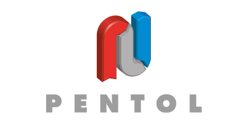 Logo mit rot-blauem 3D-Design-Element. Darunter steht in großen Buchstaben der Text: "PENTOL".