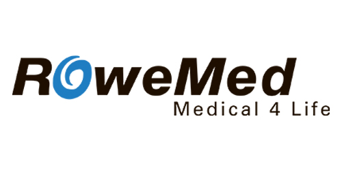 Das Bild zeigt ein Logo mit dem Text: "RoweMed Medical 4 Life". Der Buchstabe "o" in "RoweMed" ist stilisiert mit einem blauen Wirbel.